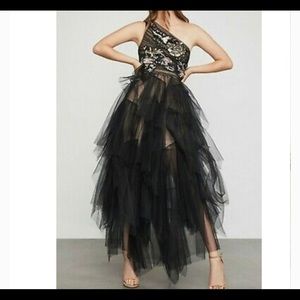 bcbg embroidered one shoulder gown